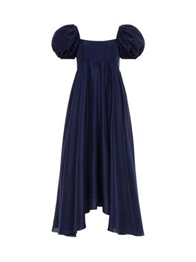 Azeeza Rory Raw Silk Midi Dress in Navy - S
